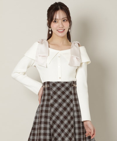 リボンオフショルニットプルオーバー