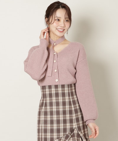 Vネックチョーカーリブニット