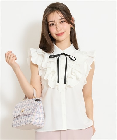 ラッフルフリルノースリーブブラウス