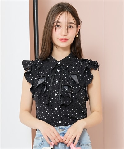 ラッフルフリルノースリーブブラウス