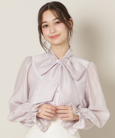 フリルスリーブシアーボウタイブラウス