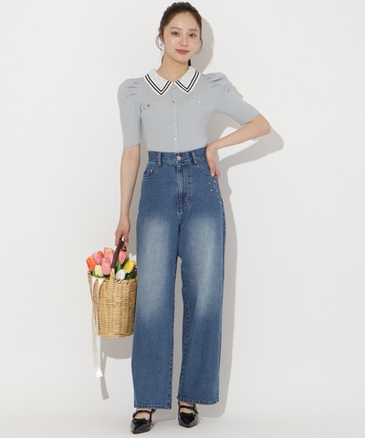 ビジューポケットワイドデニムパンツ