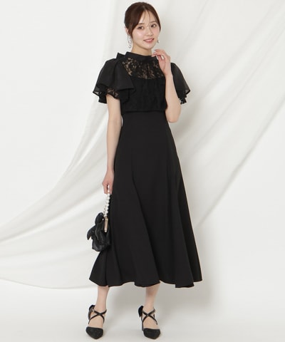 バックリボンシフォンレースブラウス×フレアロングキャミワンピース