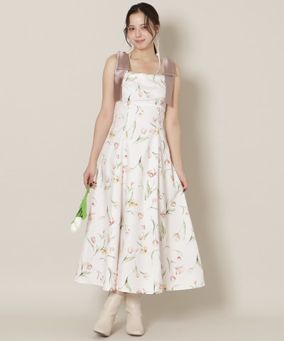 【Tulip Series】リボンショルダーチューリップフレアワンピース