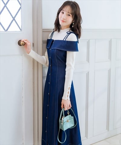 リボンストラップオフショルキャミワンピース