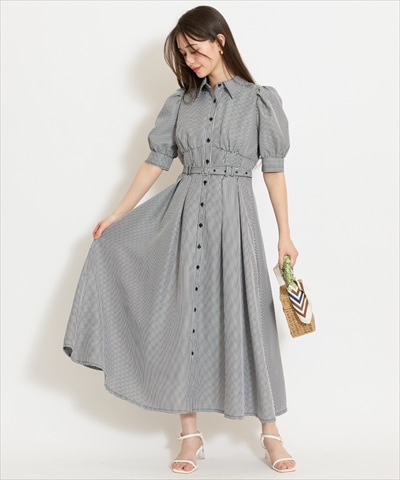 ベルト付きタックスリーブフレアワンピース