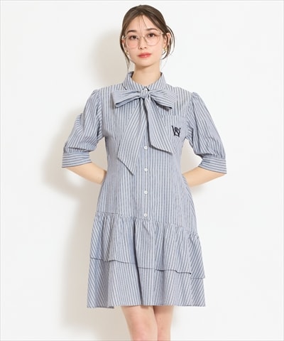 ティアードフリルリボンタイシャツワンピース