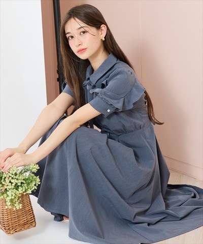 ラッフルパフスリーブシャツワンピース