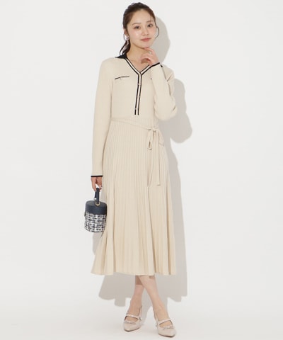 バイカラープリーツニットワンピース