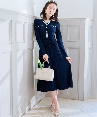 バイカラープリーツニットワンピース