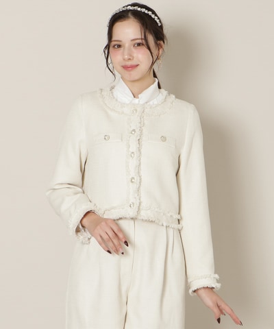 ノーカラーフリンジツイードジャケット