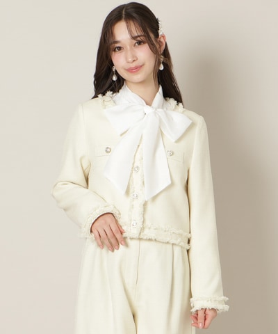 ノーカラーフリンジツイードジャケット