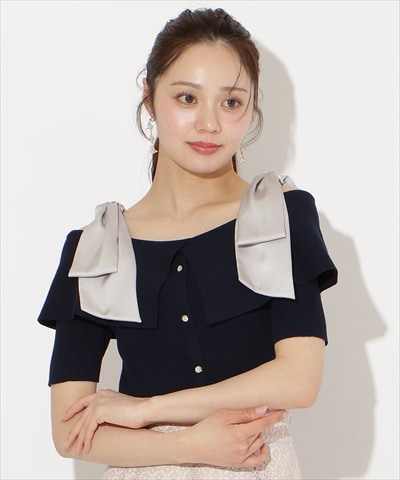 リボンオフショルハーフスリーブニット