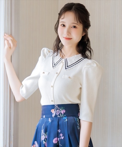 バイカラーレース襟リブニット