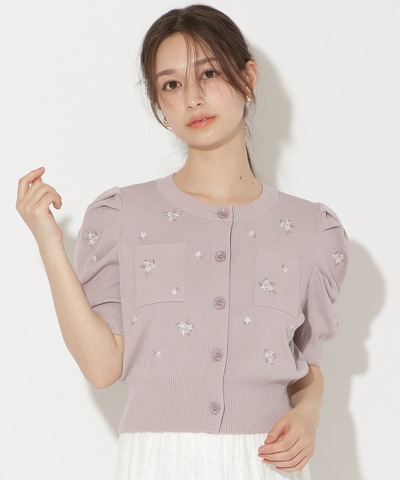 小花刺繍タックスリーブカーディガン