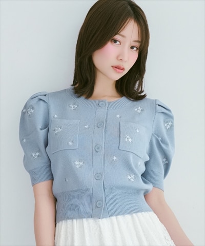 小花刺繍タックスリーブカーディガン