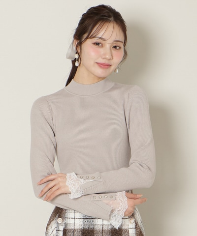 袖口レースハイネックリブニット