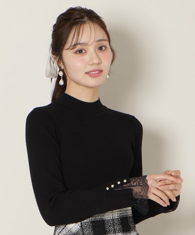 袖口レースハイネックリブニット