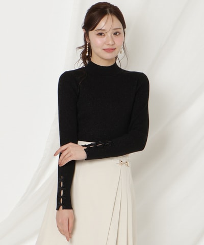 袖リボンラメリブニット