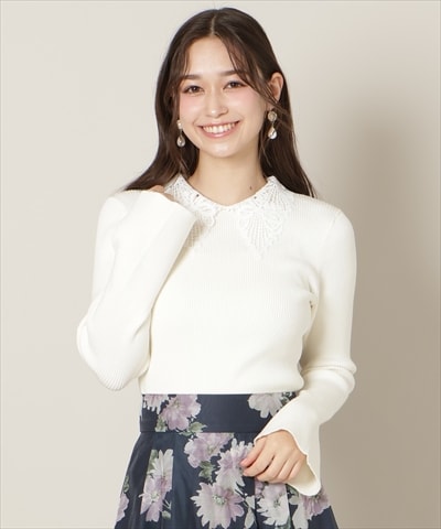 リボンレースカラーフレアスリーブニット