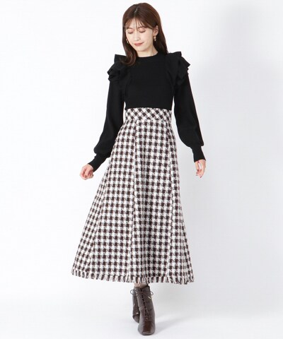 ■ブロックチェックツイード裾フリンジスカート