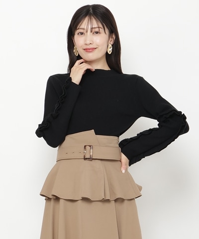 袖フリルハイネックリブニットプルオーバー