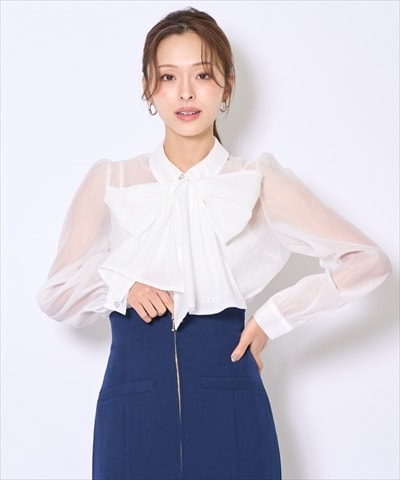 バタフライリボンシアー長袖ブラウス