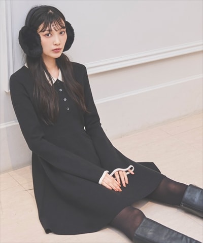 バイカラーポロニットフレアミニワンピース