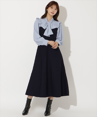 フリルショルダーボウタイドッキングワンピース