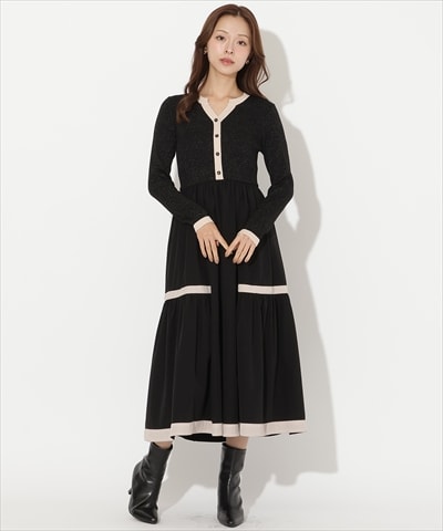 【再入荷予約受付中】ラメ入り配色ドッキングワンピース