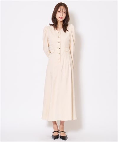 Vネックパフスリーブワンピース