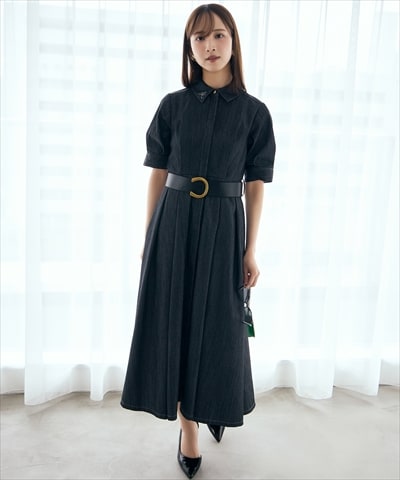 【先行予約受付中】ベルト付き５分袖デニムワンピース