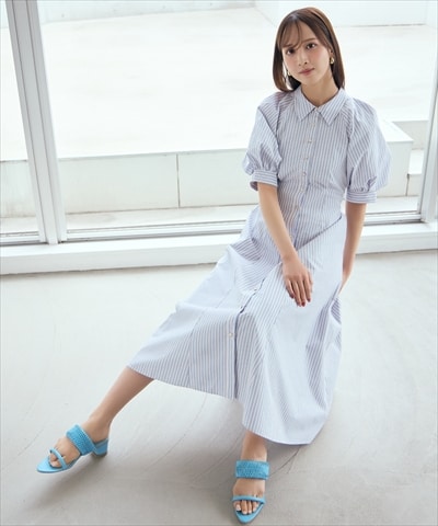 ボリュームスリーブストライプワンピース