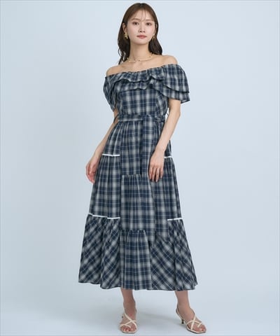 オフショルチェックフレアワンピース
