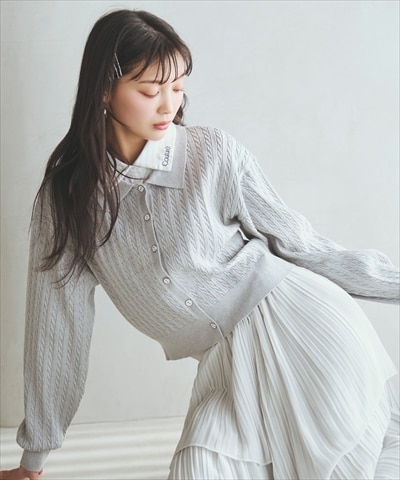 【先行予約受付中】シャツレイヤード風ケーブルカーディガン