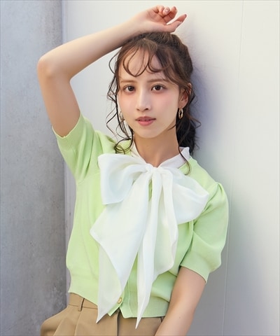 【先行予約受付中】異素材リボン半袖ニットカーディガン