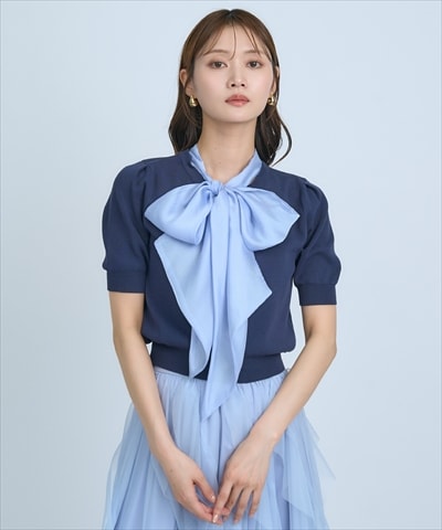 異素材リボン半袖ニットカーディガン