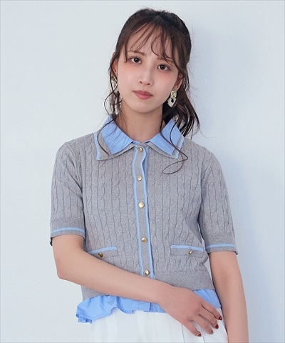 【先行予約受付中】配色シャツ襟ペプラムニットプルオーバー