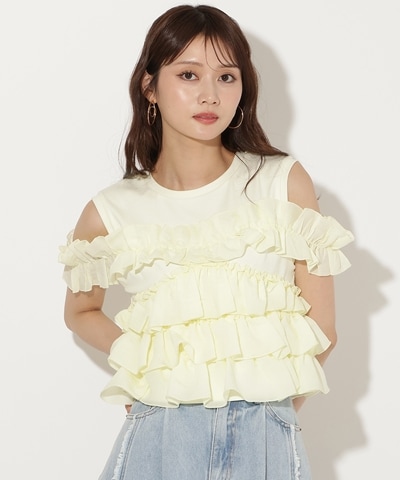 ティアードフリルコンビノースリーブTシャツ