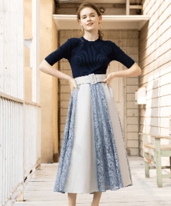 合皮×レース5分袖ドッキングワンピース