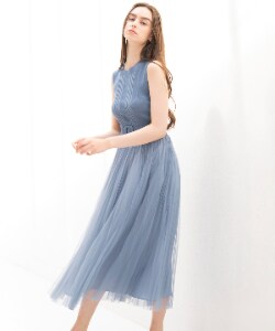 チュールプリーツノースリドッキングワンピース
