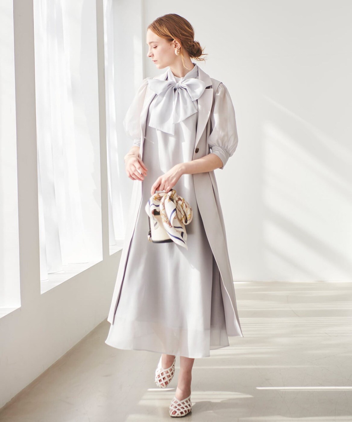 ロングジレ＋5分袖シアーワンピース