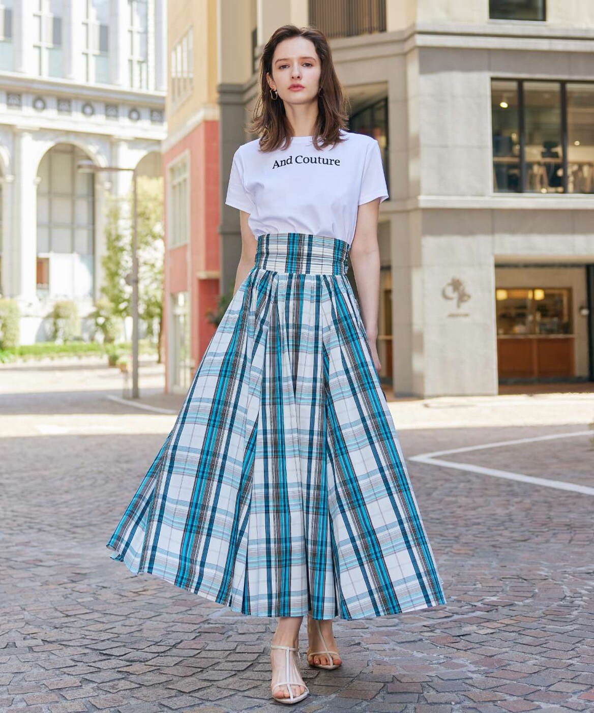 チェックバックリボンギャザーフレアスカート