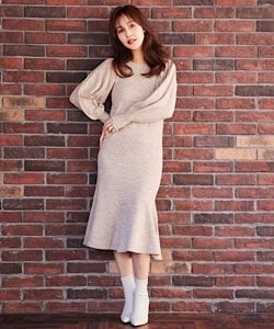 【ボリュームスリーブマーメイドニットワンピース】