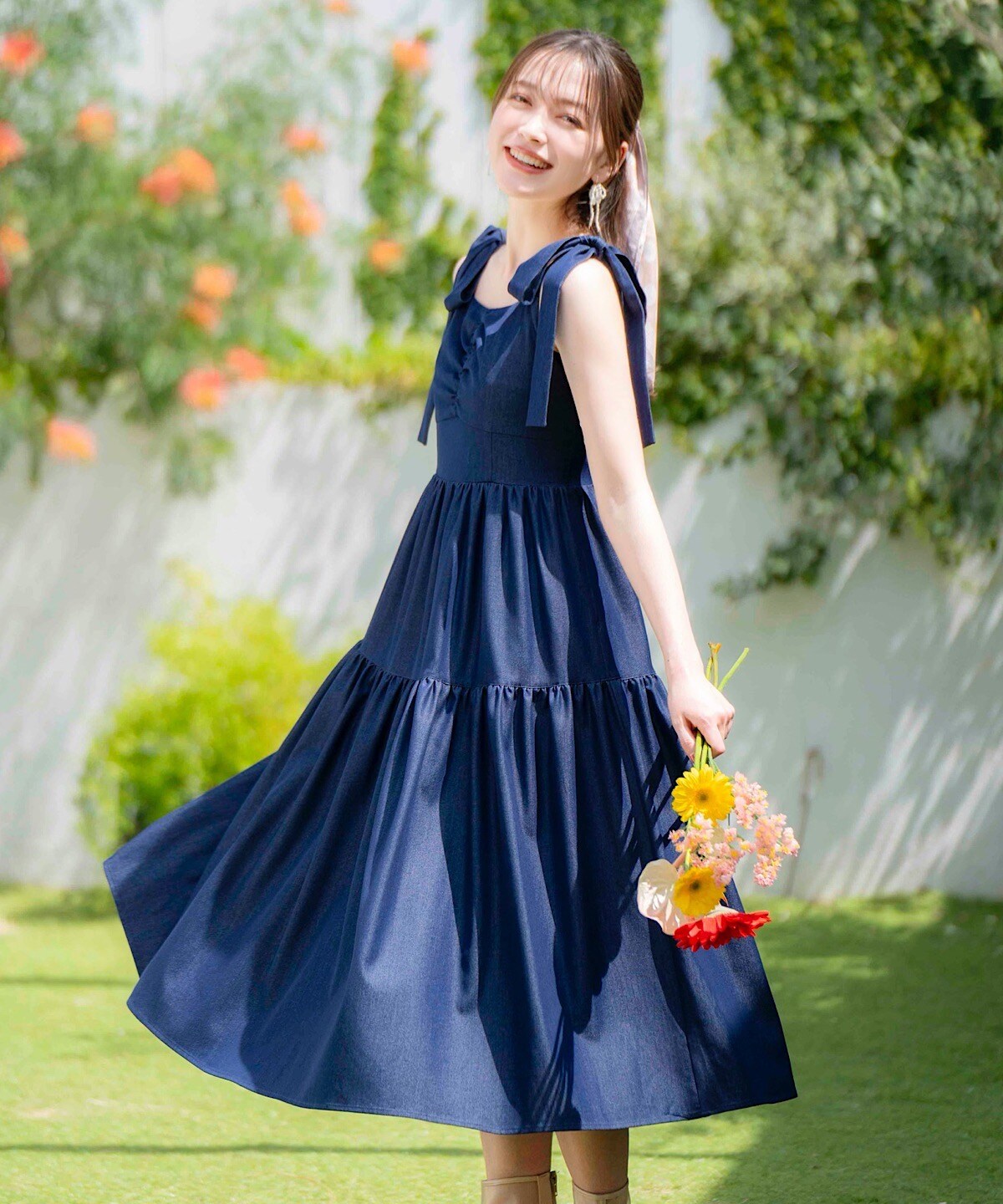 ショルダーリボンティアードワンピース