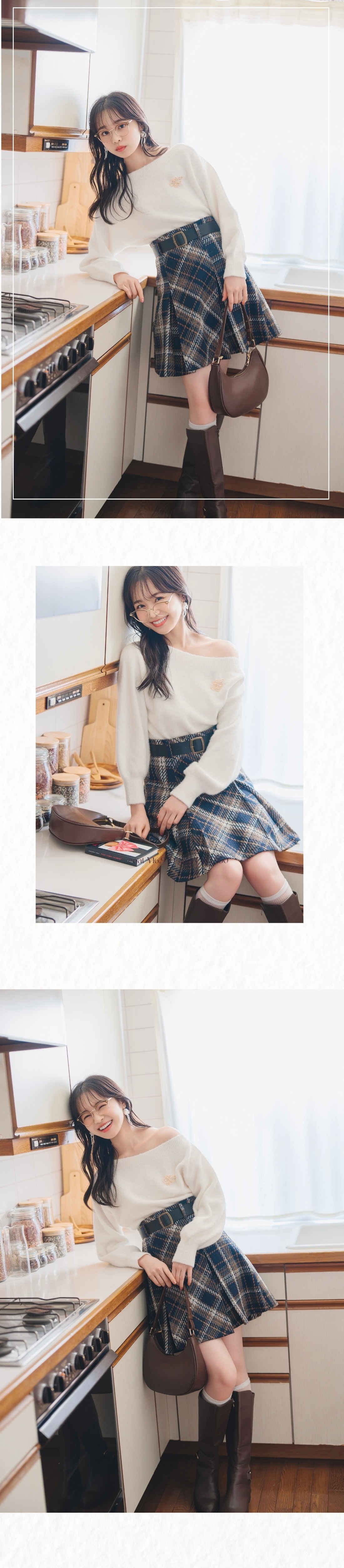 ブローチ付きオフショルニット ベルト付きツイードミニスカート