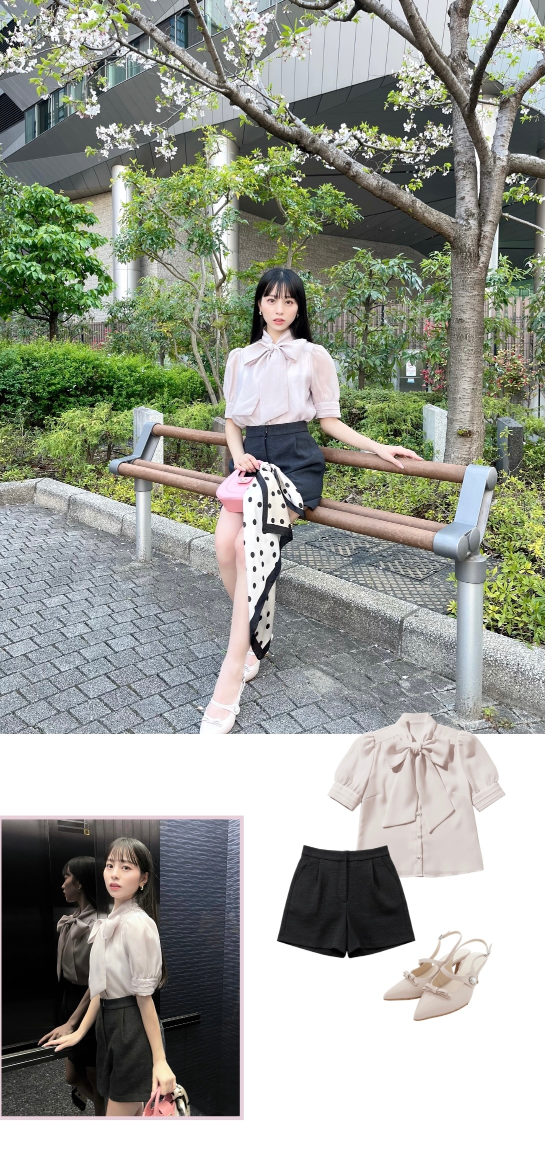 ピンタックカフスリボンタイブラウス タックツイードショートパンツ